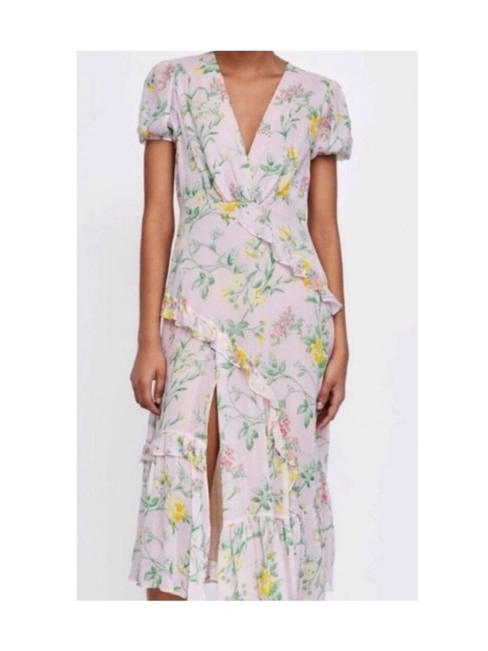 ZARA Zara Pastel Blush Multi Floral Ruffle Midi Dress colorful v-neck size large